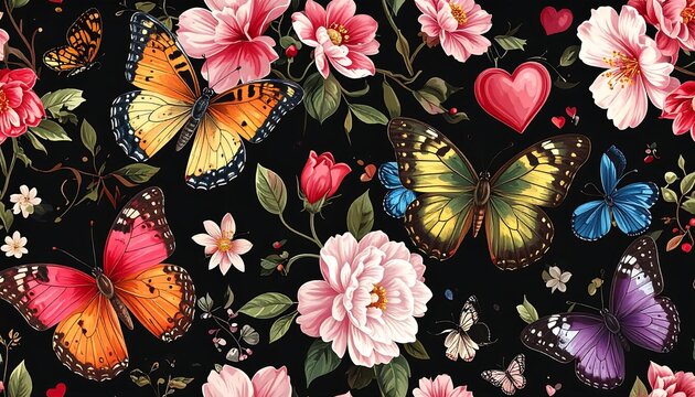 A vibrant floral pattern with colorful butterflies and flowers on a black background