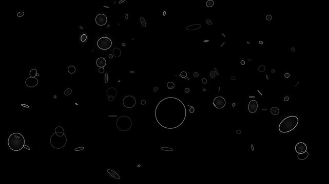 Abstract ethereal white bubble outlines and glowing circular particles floating in a deep black void background