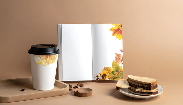 Open notebook mockup with floral autumn decor beside disposable paper coffee cup and sandwich on tray