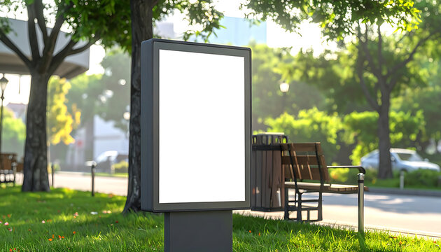 Blank vertical billboard display in public park, empty advertisement frame for promotion, outdoor marketing mock-up, city street display