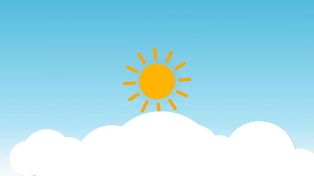 Simple vector illustration of a bright yellow sun rising behind fluffy white clouds against a clear blue gradient sky backdrop