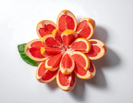 A vibrant flower-shaped arrangement of sliced citrus fruit on a white background with a green leaf