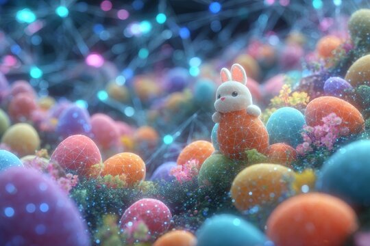 Colorful easter serenade: bunny in enchanting meadows. Virtual network. Bunny with pastel easter eggs among cascade of wildflowers. Smart technology. Intelligent grid.