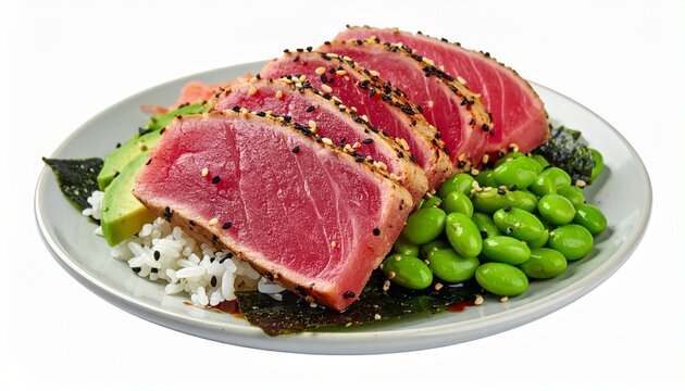 seared ahi tuna fish slices with green edamame and rice