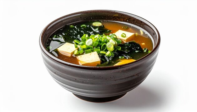 traditional japanese hot miso soup cooked with tofu and green seaweed