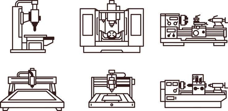 Set of industrial manufacturing machines featuring CNC mills lathes and routers in a minimalist outline vector style ideal for engineering and production diagrams