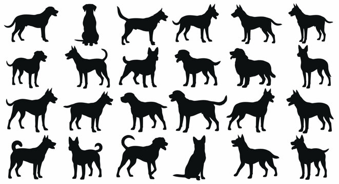 Set of black silhouettes of different dog breeds.