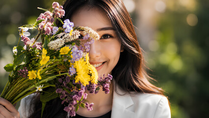 Naklejka premium Beautiful Woman Holding Wildflower Bouquet – Elegant Female Portrait, Natural Beauty, Spring Lifestyle Photography, 8K Ultra HD