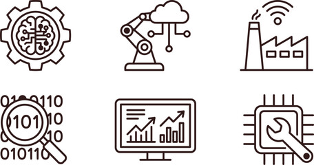 Fototapeta premium Set of modern technology and industry 40 line icons featuring artificial intelligence robotics and data analytics ideal for digital transformation and smart manufacturing concepts