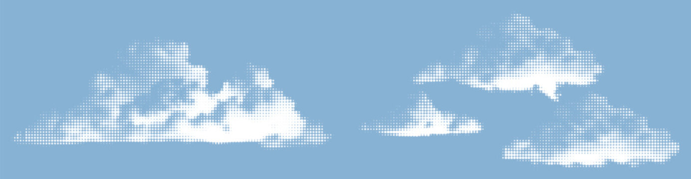 Abstract halftone dotted cloud shapes vector illustration in sky