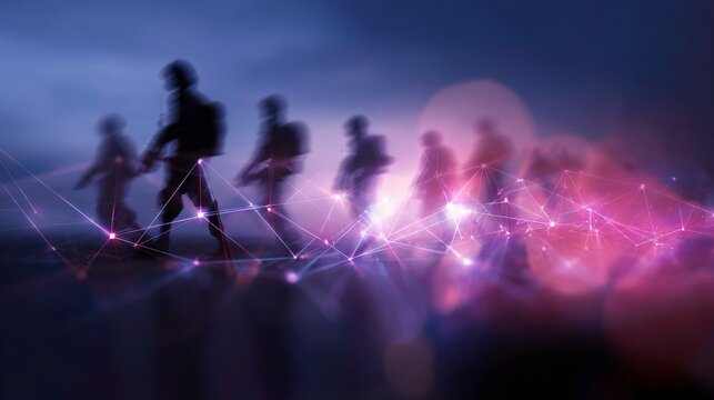 Silent march, bold statement: warriors and the flag. Cyber grid. Horizon march: silhouetted soldiers with flag, mountains beyond. Digital intelligence. Ai dataflow.