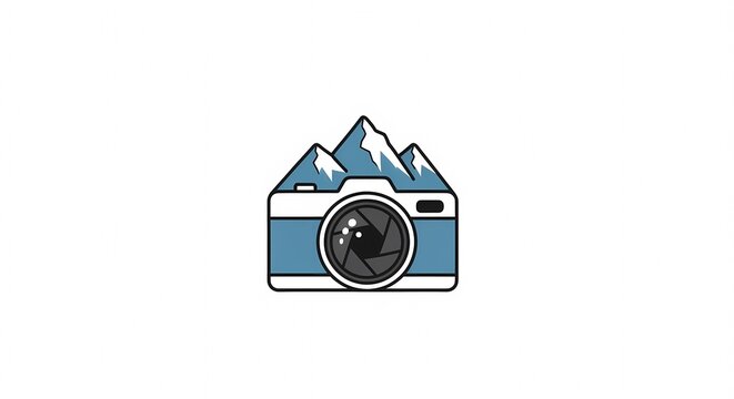 Creative Camera Icon Featuring Majestic Mountain Peaks Landscape.