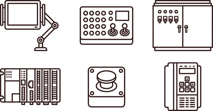 Collection of industrial control equipment icons featuring automation devices and electronic components in a minimalist outline vector design ideal for manufacturing engineering and technology applica