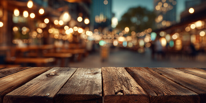 Wooden Counter Display with Bokeh Lights Background