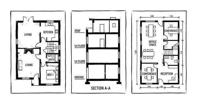 Blueprint of building layout, detailed dimensions and room arrangements