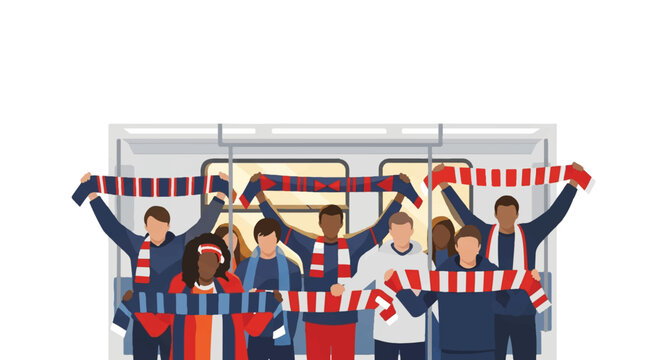 Diverse group of soccer fans standing inside a minimalist subway train car, holding scarves with geometric patterns, bright morning light through windows, clean white background, minimalist flat