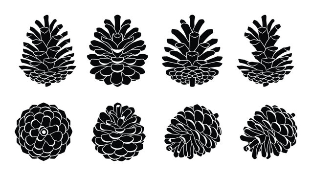 Collection of black silhouettes of pine cones in many angles