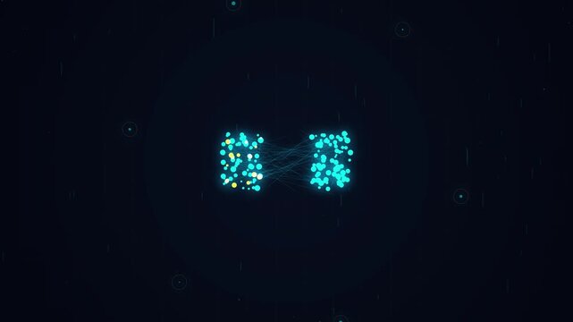 Abstract digital glitch effect with pixelated particles in cyan and blue, data stream background for technology and communication