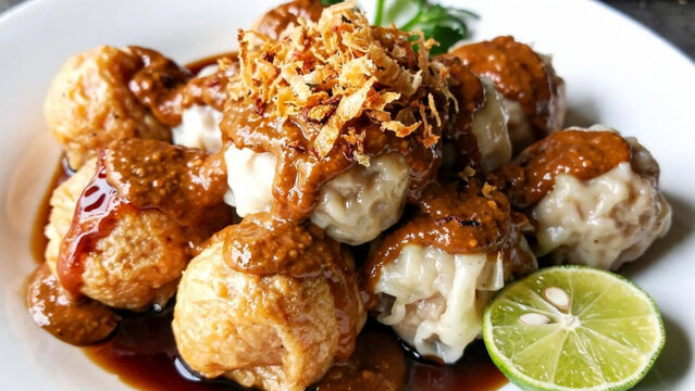 Indonesian Street Food Siomay Dumplings with Savory Peanut Sauce and Lime Close Up