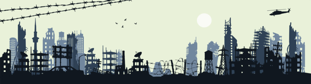 Ruined City Background with Barbed Wire Fence and Apocalyptic Skyline