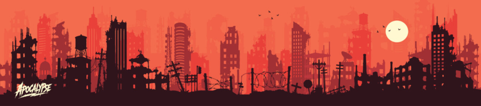 Apocalypse City Ruins Landscape Background with Destroyed Buildings and Post Apocalyptic Skyline