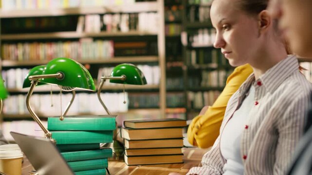 Student discussing assignment with tutor at university library desk, surrounded by books, green lamps and study materials for coursework, Focused study group for guidance and mentoring.