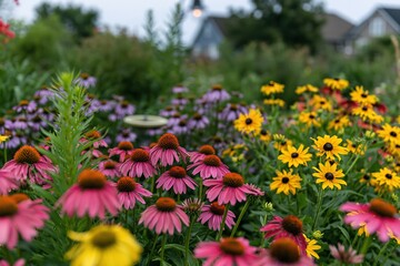 Fototapeta premium Garden bed with blooming echinacea and rudbeckia flowers in a colorful summer nature