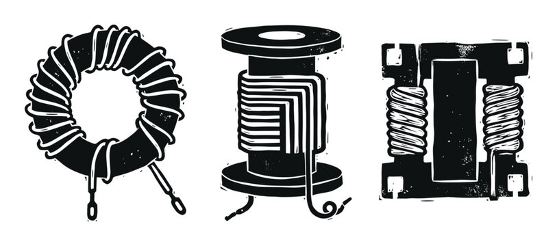 Industrial electronic components set featuring electrical inductors