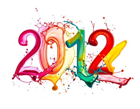 A vibrant, multicolored 2012 graphic with splattered paint effects