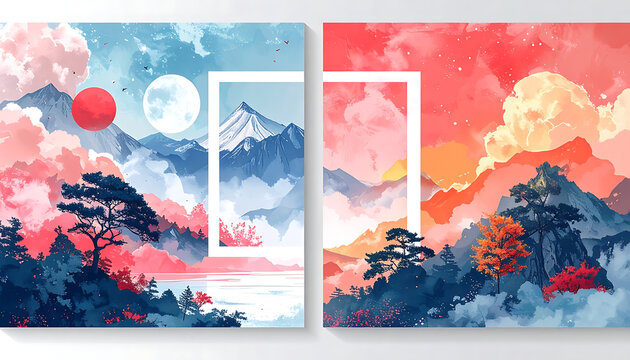 Pixel art landscape diptych featuring stylized mountains, clouds, and celestial sun and moon, vibrant retro gaming aesthetic