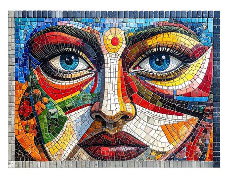 A vibrant mosaic portrait of a woman's face with colorful patterns