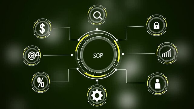 Digital infographic diagram showcasing standard operating procedure concepts with glowing white and yellow and connecting lines on a dark green background representing process flow and efficiency