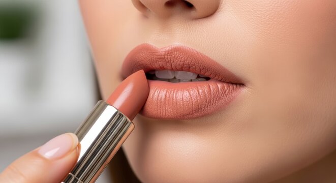 Woman applying nude lipstick on lip. Close up view of lip makeup routine. Beauty product for cosmetics style and personal care. Skin care trend for attractive makeup look and aesthetic.