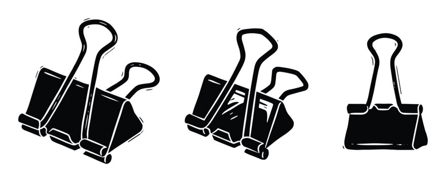 Office binder clips illustrated in black flat vector style design