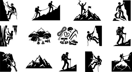 Obraz premium Mountain Climbing silhouette icon set, flat black glyph style, pure white background