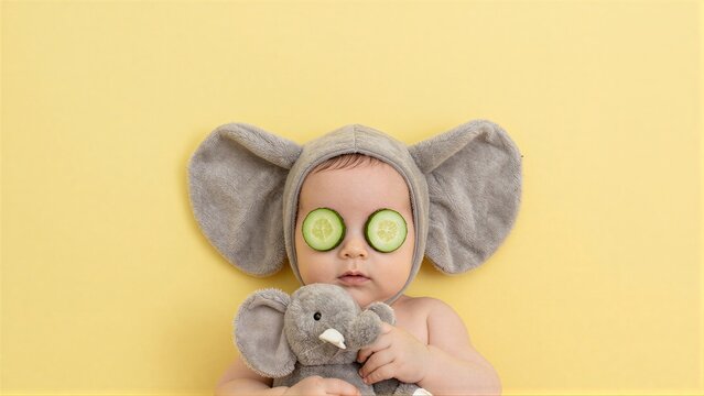 Cute baby with cucumber slices over eyes, wearing elephant hat and holding stuffed toy.