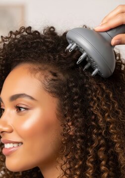 Woman drying long curly hair with a diffuser blow dryer. Happy female using hair styling tool for volume. Beauty routine, self care, home spa concept, hair care treatment at home.