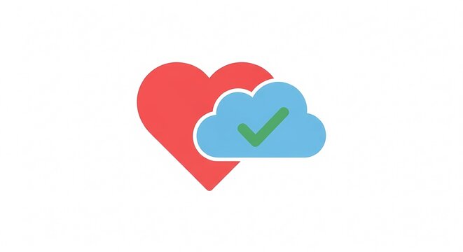 Heart with Cloud and Checkmark Icon Representing Health Data Cloud Storage.