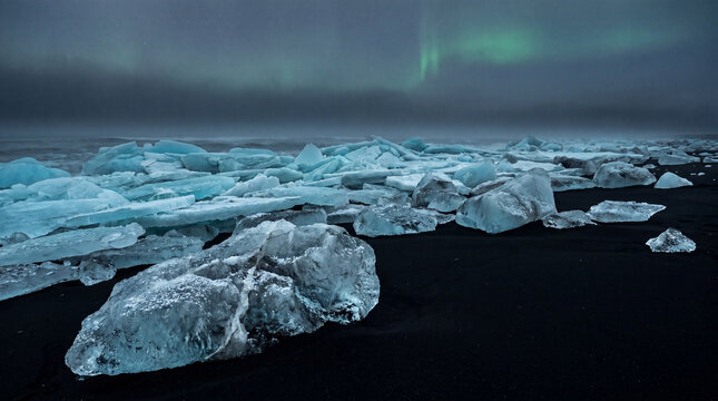 Stunning Aurora Borealis Glowing Over Diamond Beach with Icebergs Scattered Across Volcanic Black Sand in Iceland