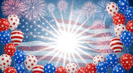 Fototapeta premium Patriotic american flag background with fireworks and red white blue balloons