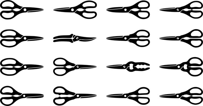 Kitchen scissors silhouette icon set, flat black glyph style, pure white background