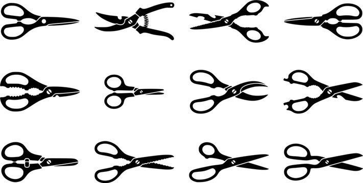 Kitchen scissors silhouette icon set, flat black glyph style, pure white background