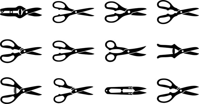 Kitchen scissors silhouette icon set, flat black glyph style, pure white background