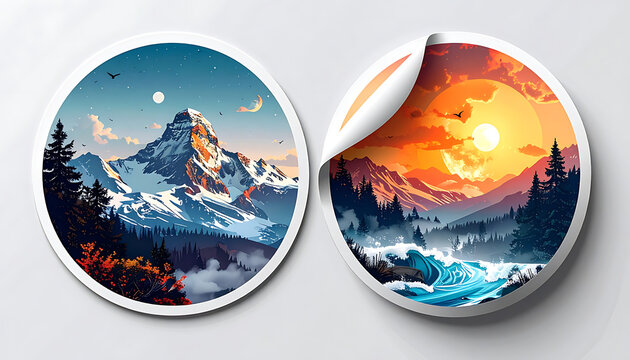 Two round pixel art stickers featuring mountain landscapes with sunset and starry night scenery