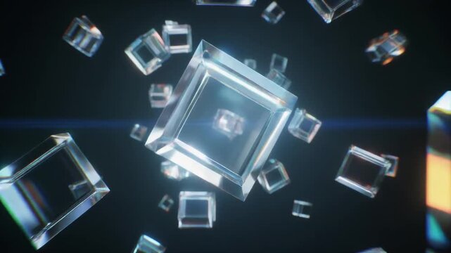 Transparent glass shapes floating in modern abstract space, cinematic lighting