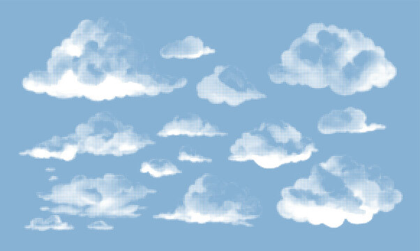 Various halftone dotted cloud shapes vector illustration in sky
