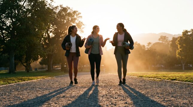 Three Diverse Women Walking and Talking in Park at Sunrise Carrying Yoga Mats for Outdoor Fitness Wellness and Mental Health Campaign