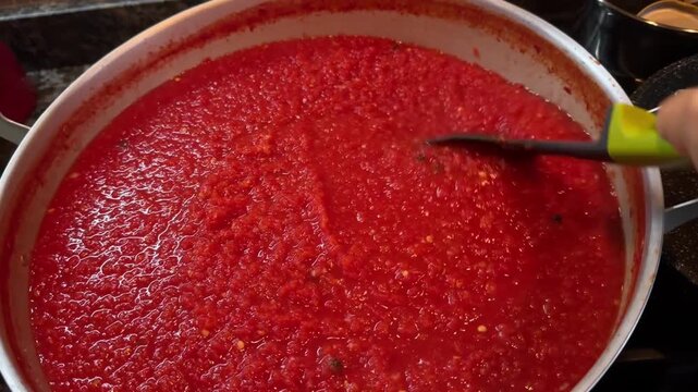 An overhead view of simmering homemade tomato sauce and a woman's hand stirring pasta, pizza, or mea.t sauce 