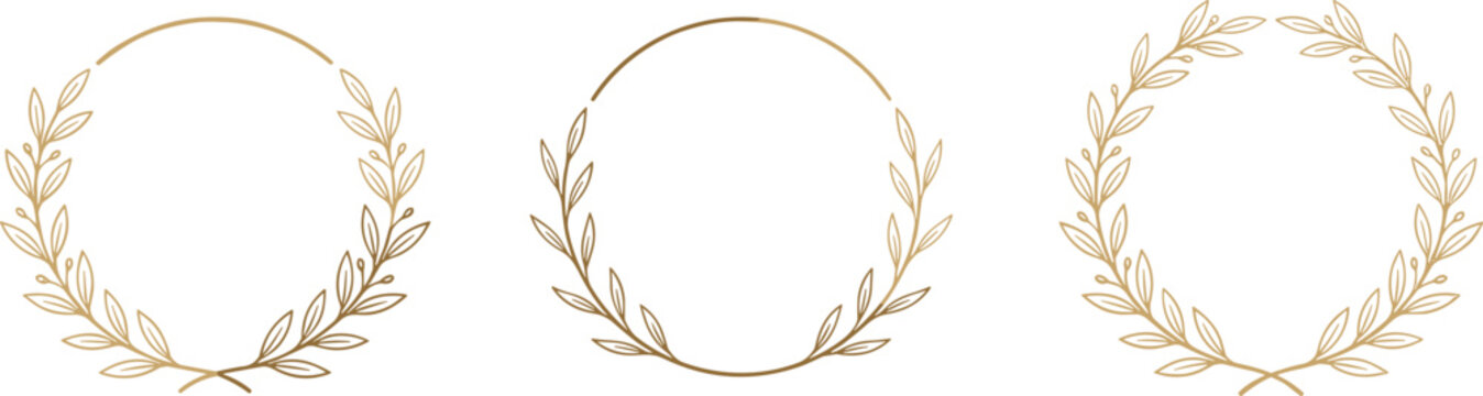 Elegant Gold Laurel Wreath Circle Frame Set with Delicate Leaf Branches and Botanical Border for Wedding, Logo, and Luxury Label Design