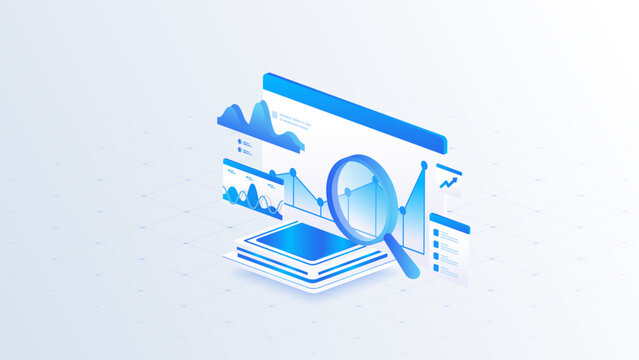 Stock market isometric of financial data analyzing dashboard with magnifying glass, stock market data flow, and business analyzing in blue digital style.
